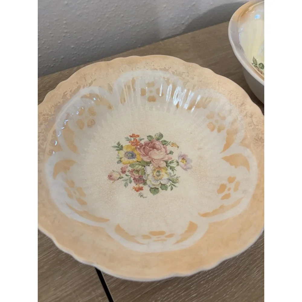 Antique Set of Bowls Crown Ivory 1936 Ceramic Earthenware Dresden China Floral